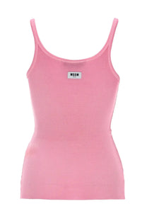 Msgm women tank top in viscosa blue with ribbed texture and white rectangular label featuring the msgm logo