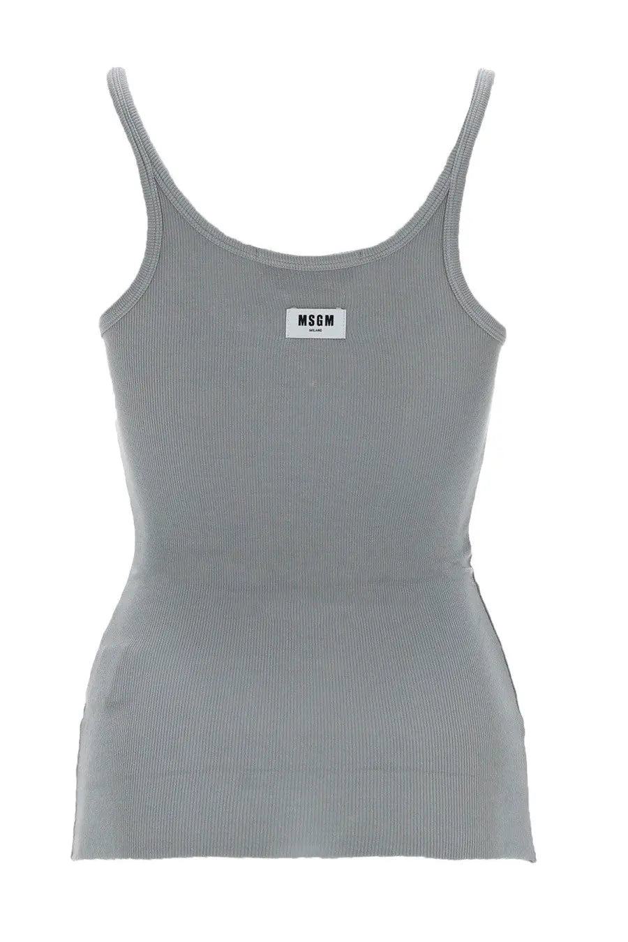 Msgm women’s tank top in viscosa grey with thin straps and a white logo patch at the center of the chest