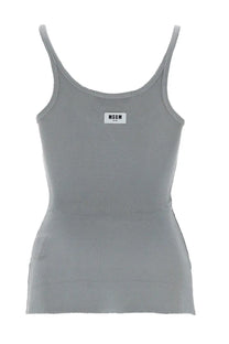 Msgm women’s tank top in viscosa grey with thin straps and a white logo patch at the center of the chest