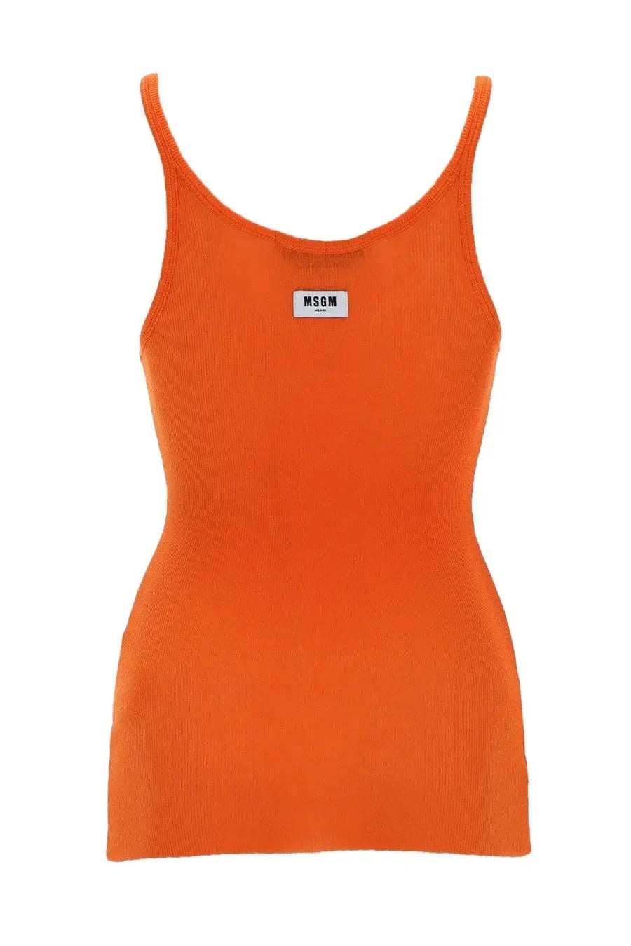 Msgm women’s bright orange ribbed tank top in viscosa with white brand label at center chest