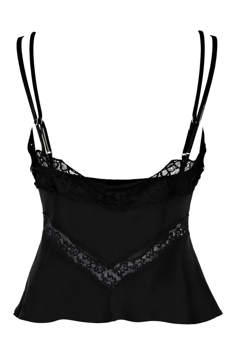 Msgm women’s black satin camisole with black lace trim and thin adjustable straps