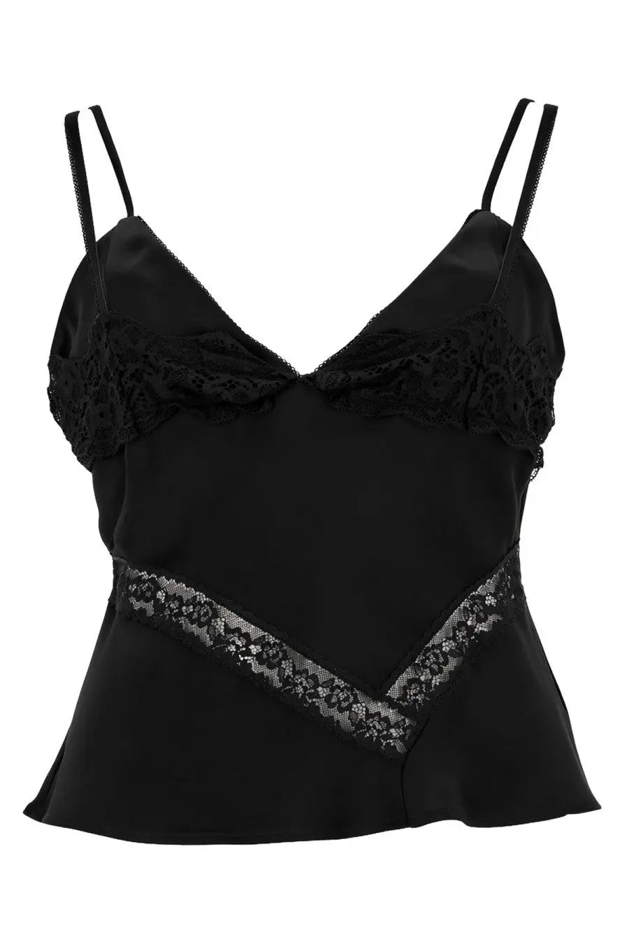 Msgm women’s black satin camisole with delicate lace trim along neckline and waistband