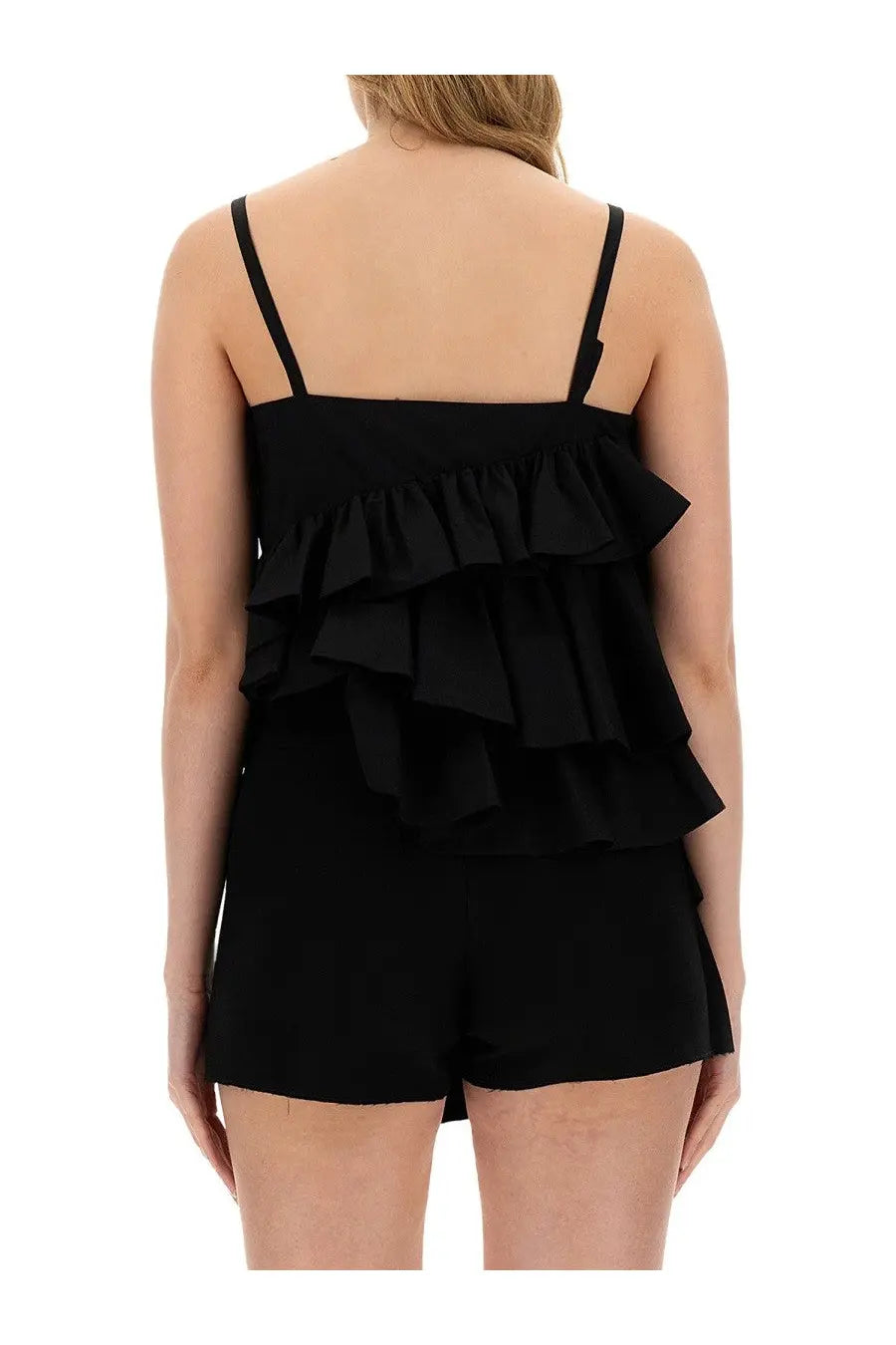 Black ruffled camisole top with thin straps by MSGM womens tops in a lightweight fabric for stylish layering