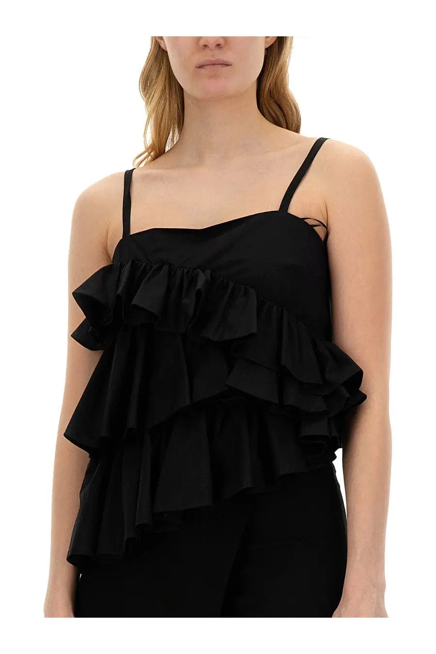 Msgm women’s black ruffled camisole top with thin straps made from lightweight fabric for stylish casual wear