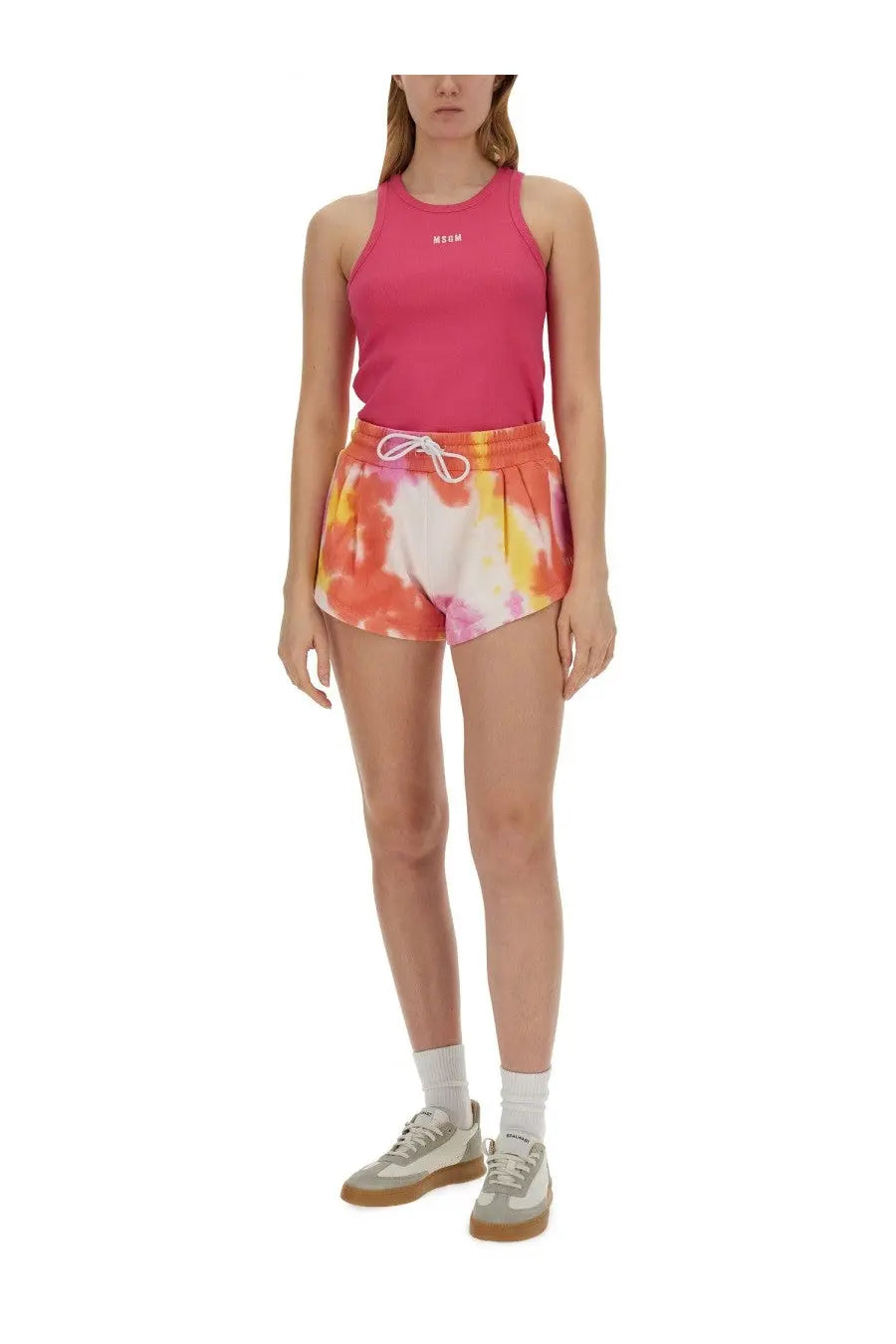 Fuchsia pink sleeveless MSGM women’s tank top with a small white logo on the chest ideal for casual wear