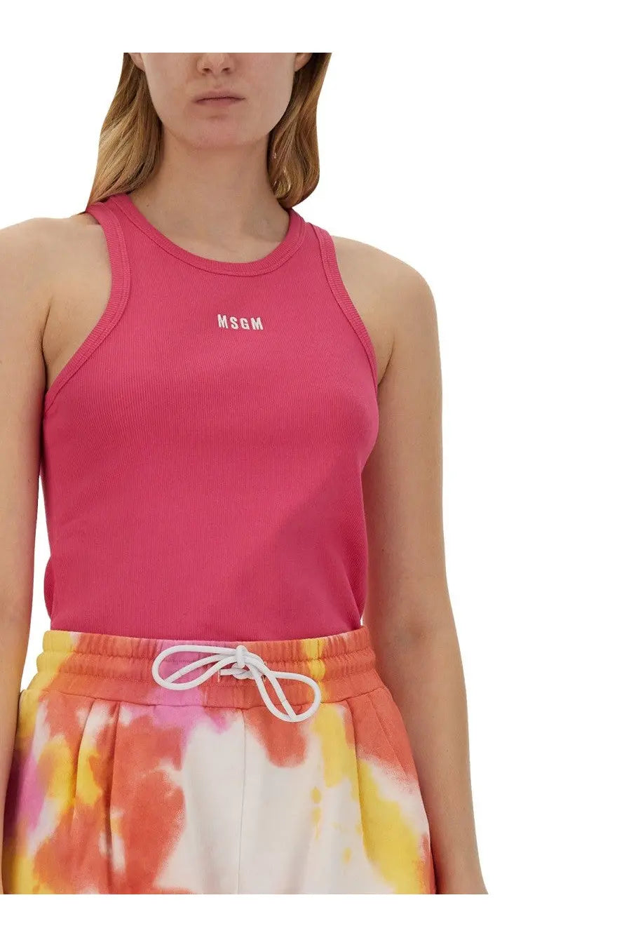 Msgh women’s vibrant pink ribbed racerback tank top with subtle white mschf logo embroidered on chest