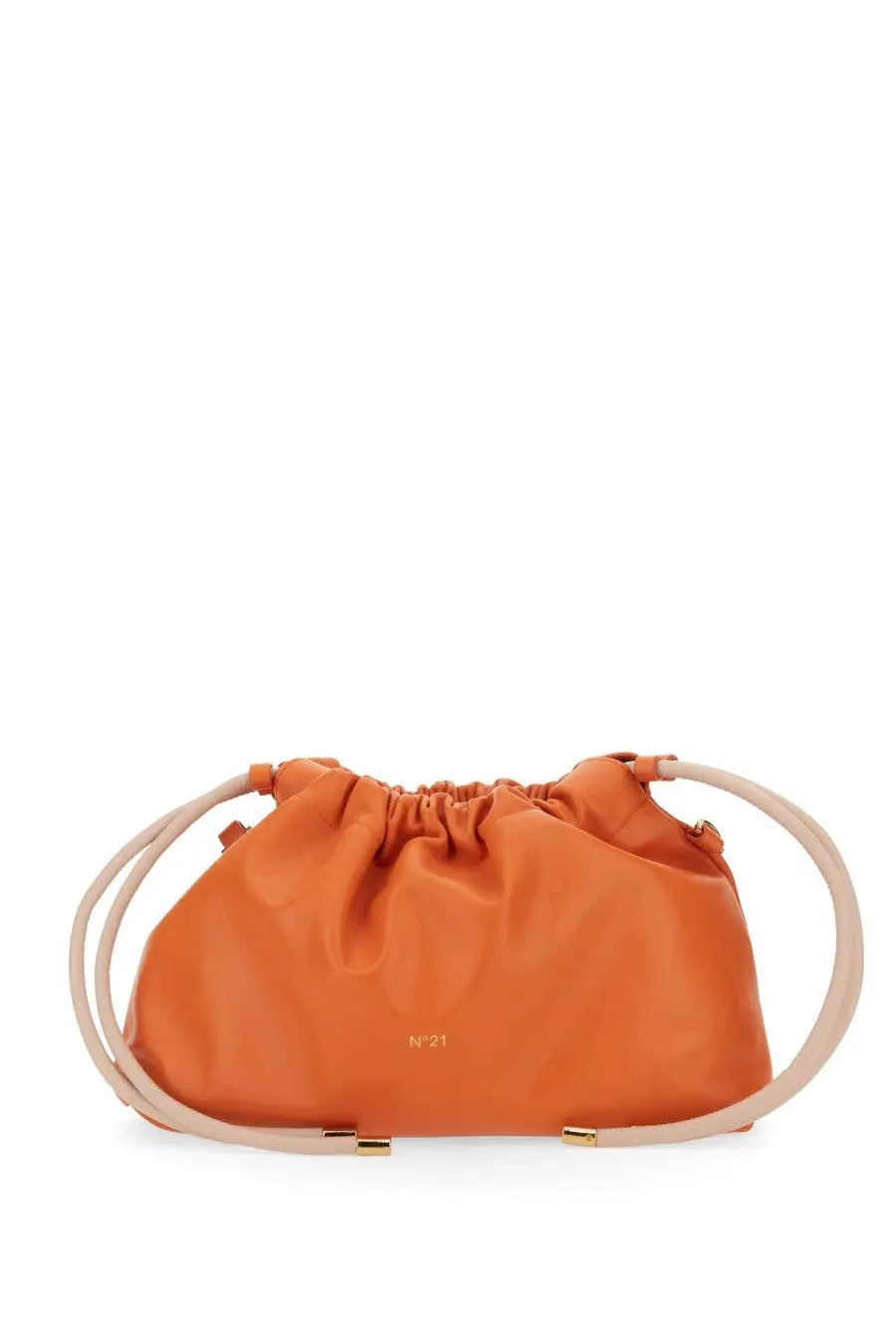 Orange leather drawstring bag with cream circular handles and gold hardware from n°21 women’s bag eva orange collection