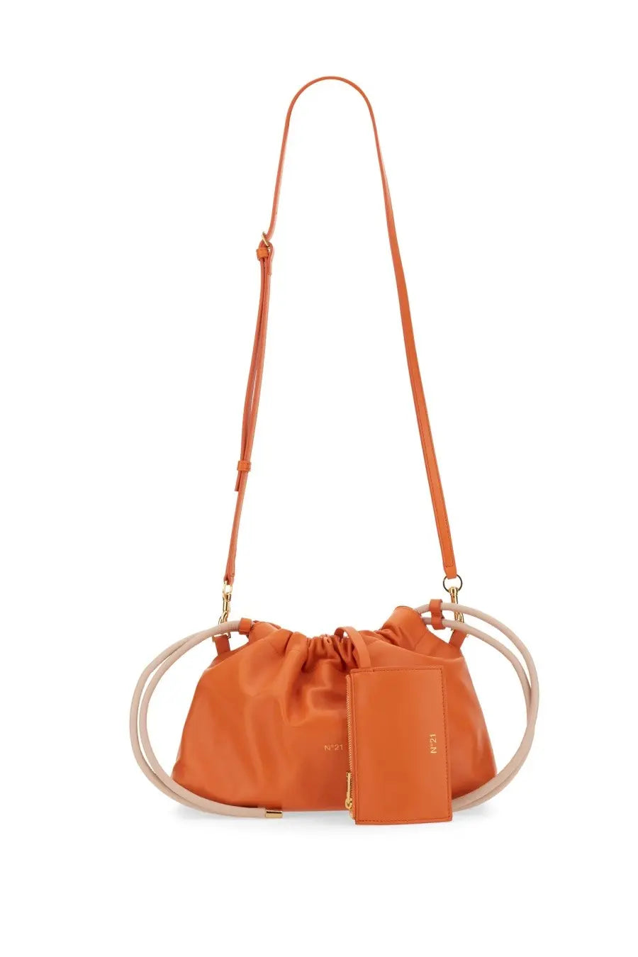 Orange leather crossbody bag with beige circular handles and gold-tone hardware from n°21 women’s eva collection