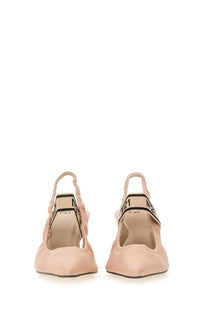 Beige satin slingback pumps for women with black logo-trimmed elastic straps by n°21