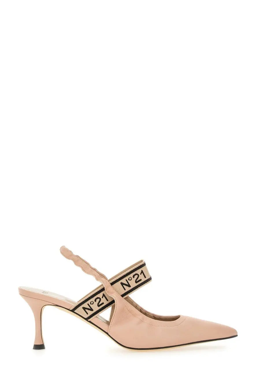 N°21 women’s slingback beige suede mule sandal with black and beige woven strap featuring n°21 branding