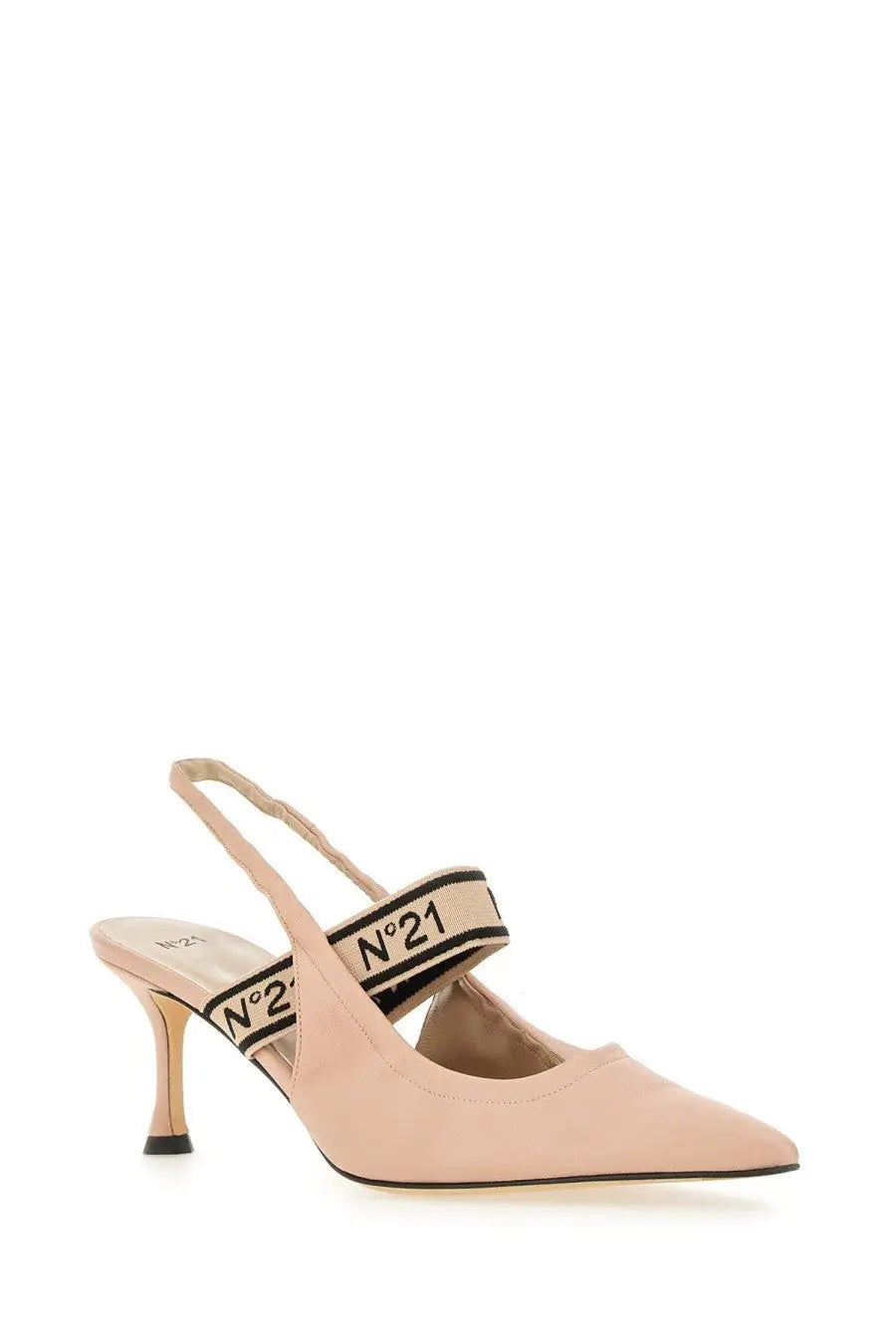 N°21 women’s beige suede slingback pump with black and beige striped branded strap