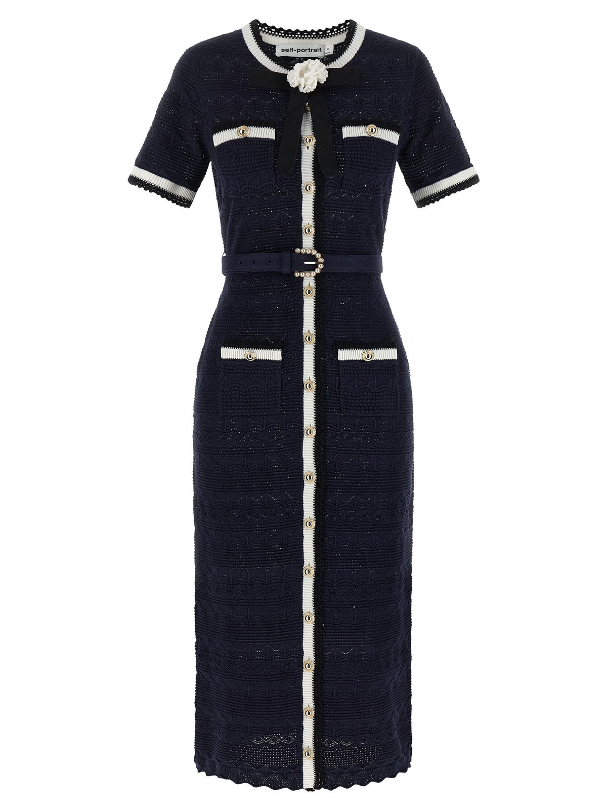 self-portrait Navy Pointelle Knit Midi Dress Blue