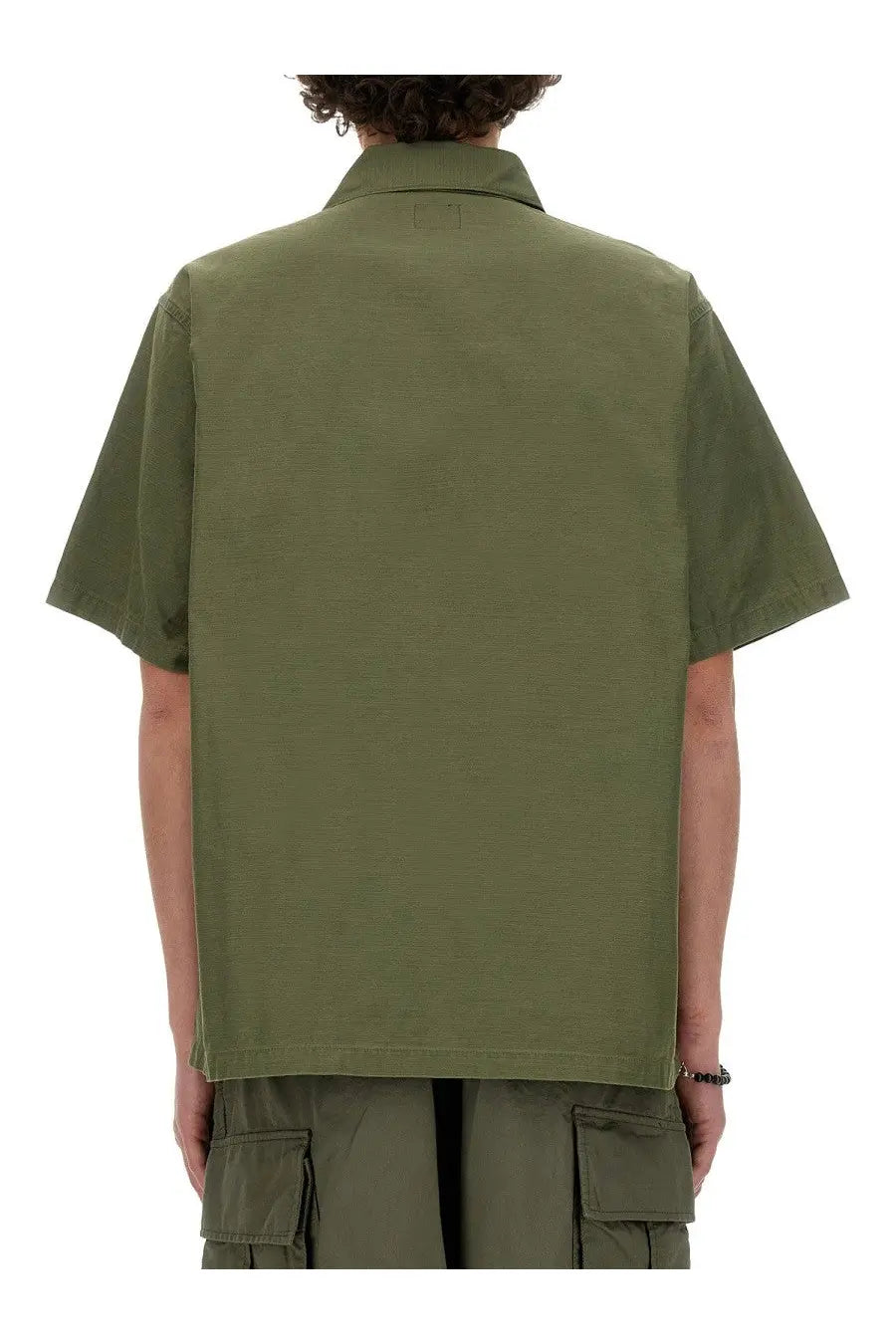 Needles men’s olive green cotton short-sleeved utility shirt with collar and cargo pockets