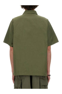 Needles men’s olive green cotton short-sleeved utility shirt with collar and cargo pockets