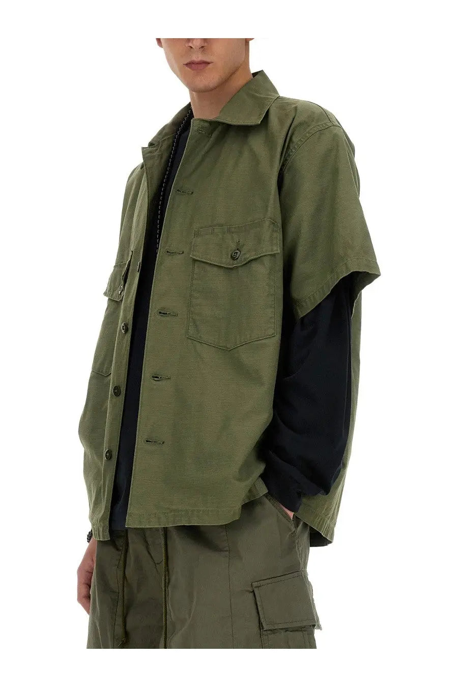Needles men’s olive green cotton utility shirt with short sleeves buttoned chest pockets and collar