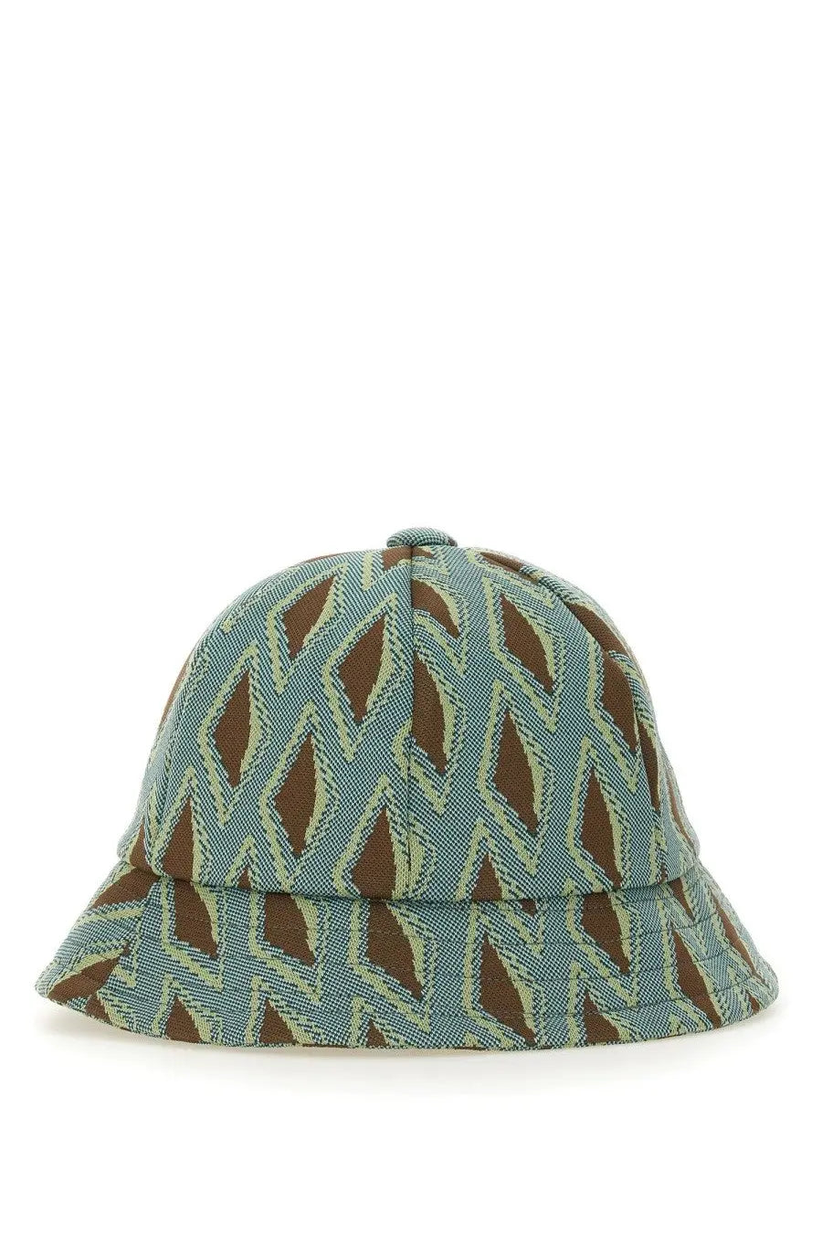 A needles men’s hat blue bucket hat with geometric teal brown and light green pattern on woven fabric