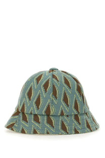 A needles men’s hat blue bucket hat with geometric teal brown and light green pattern on woven fabric
