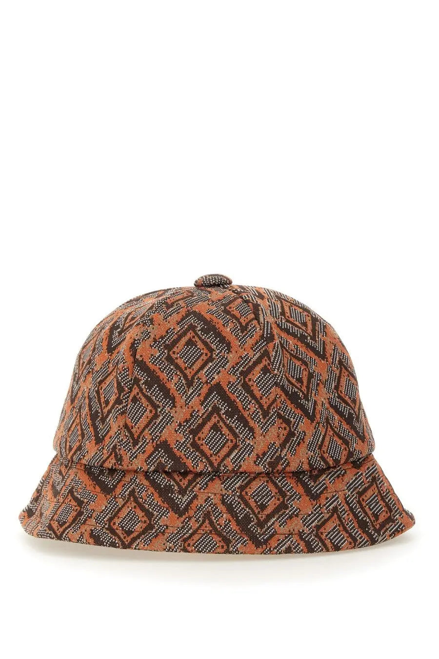 Needles men’s bucket hat in orange with brown and black geometric pattern and woven texture