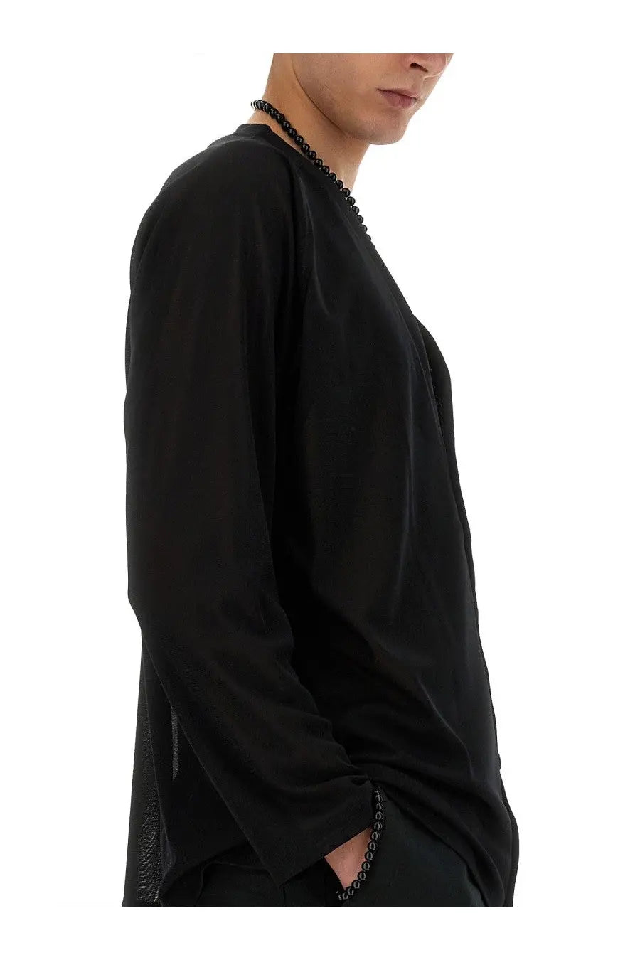 Needles men’s poly mesh cardigan black with long sleeves relaxed fit and subtle sheer panel detailing on the side