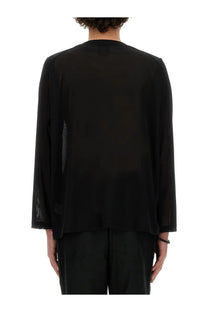 Needles men’s black poly mesh cardigan featuring a sheer long-sleeved blouse style with a subtle textured side panel