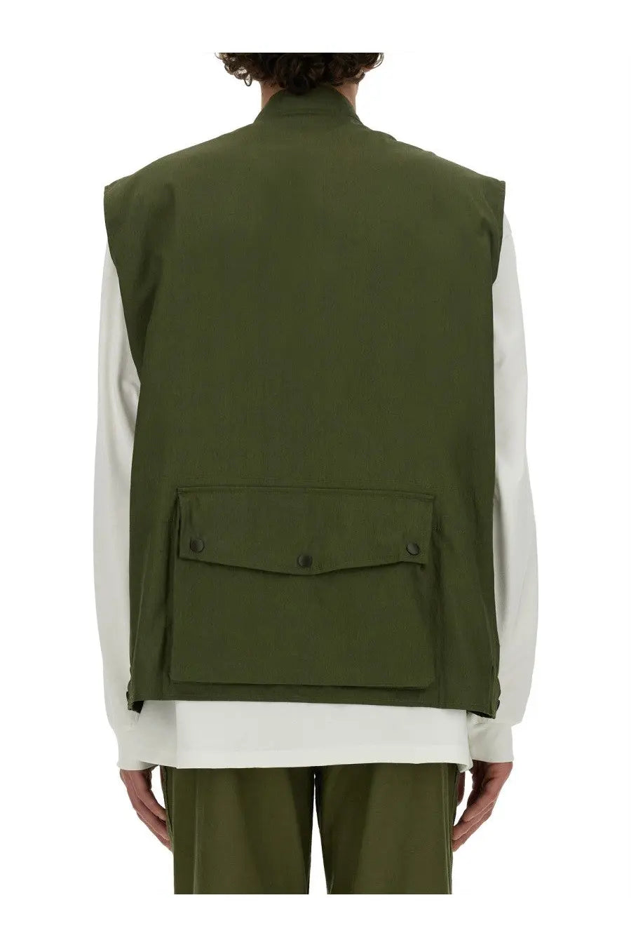 Needles men’s olive green utility vest with central flap pocket secured by two black buttons for casual wear