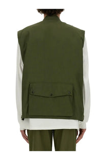 Needles men’s olive green utility vest with central flap pocket secured by two black buttons for casual wear