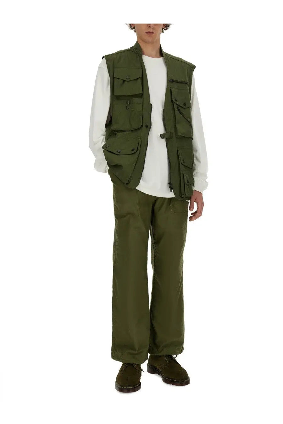 Olive green utility vest for men by needles featuring multiple flap pockets and button closures for practical use