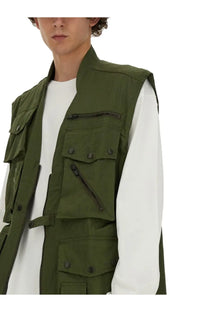Olive green needles men’s utility vest with multiple pockets and black zippers for casual and outdoor use
