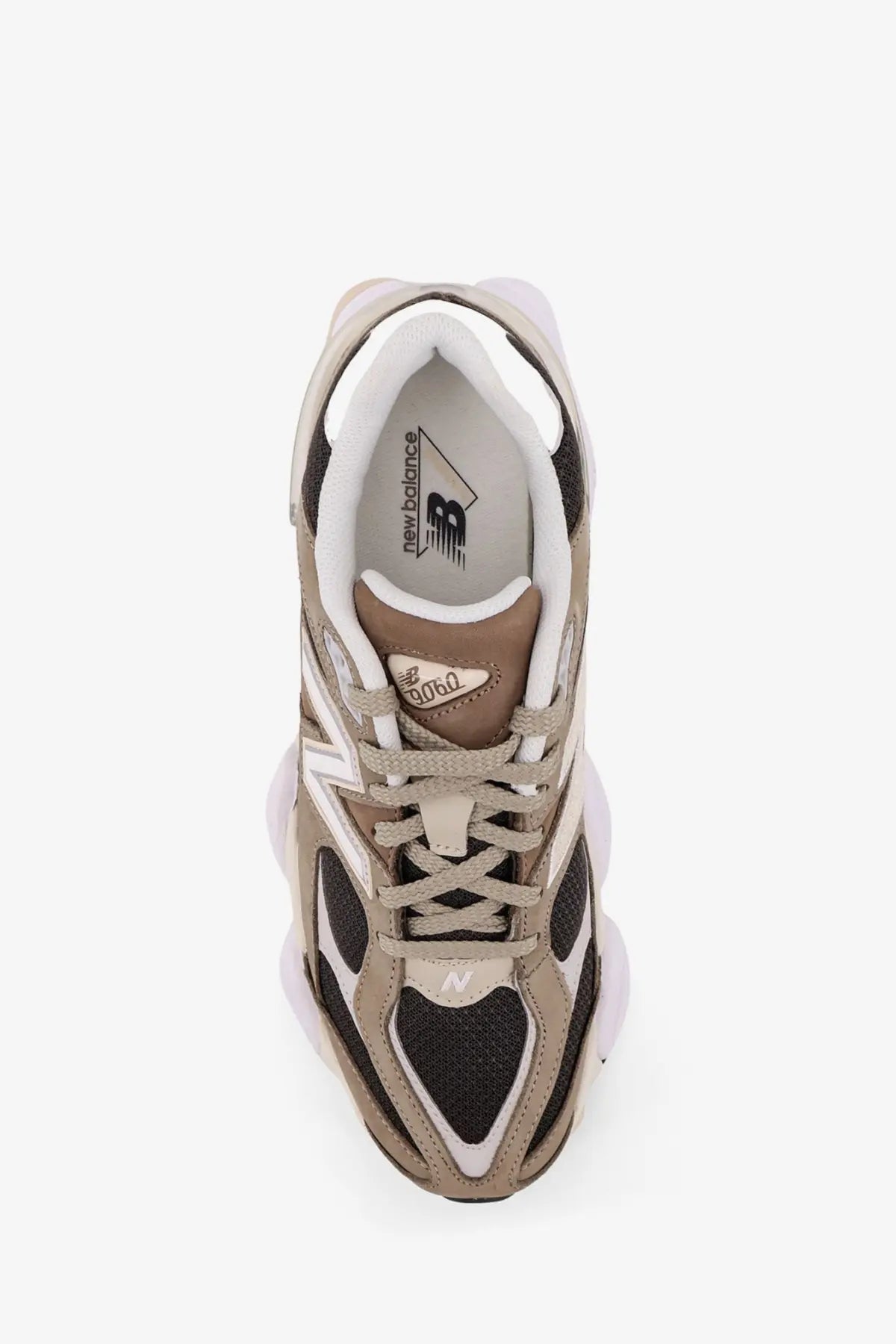 New Balance men’s low top mesh sneakers beige with tan and black suede overlays mesh panels and chunky white sole