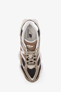 New Balance men’s low top mesh sneakers beige with tan and black suede overlays mesh panels and chunky white sole