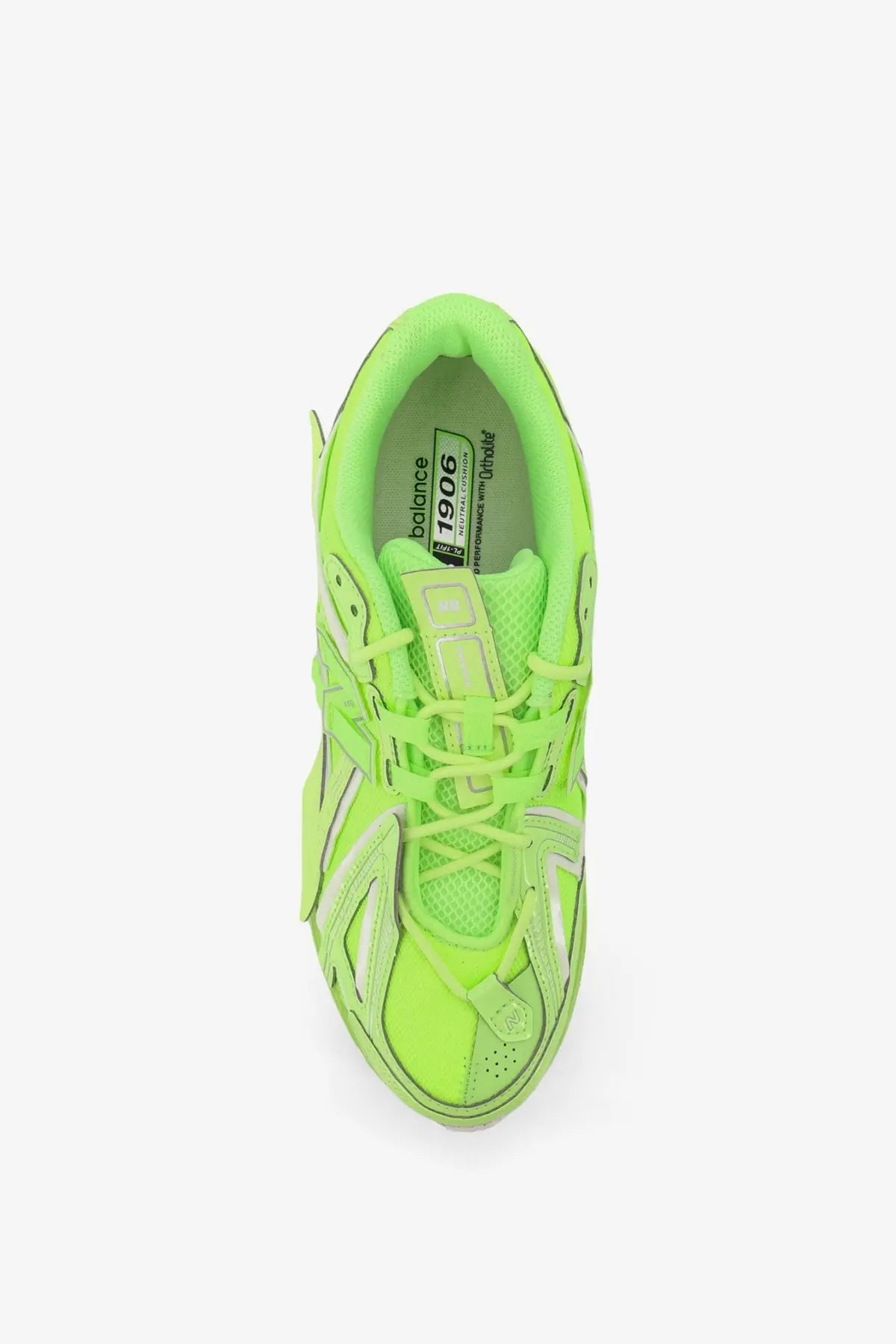 New Balance men’s low top mesh sneakers in vibrant neon green with mesh and synthetic overlays for comfort and style