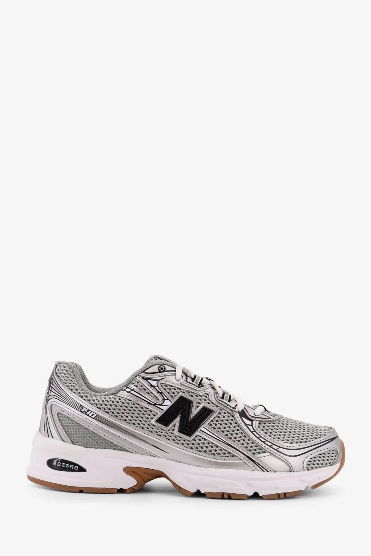 New Balance men’s low top grey sneakers with silver white mesh upper black logo and gum-colored outsole