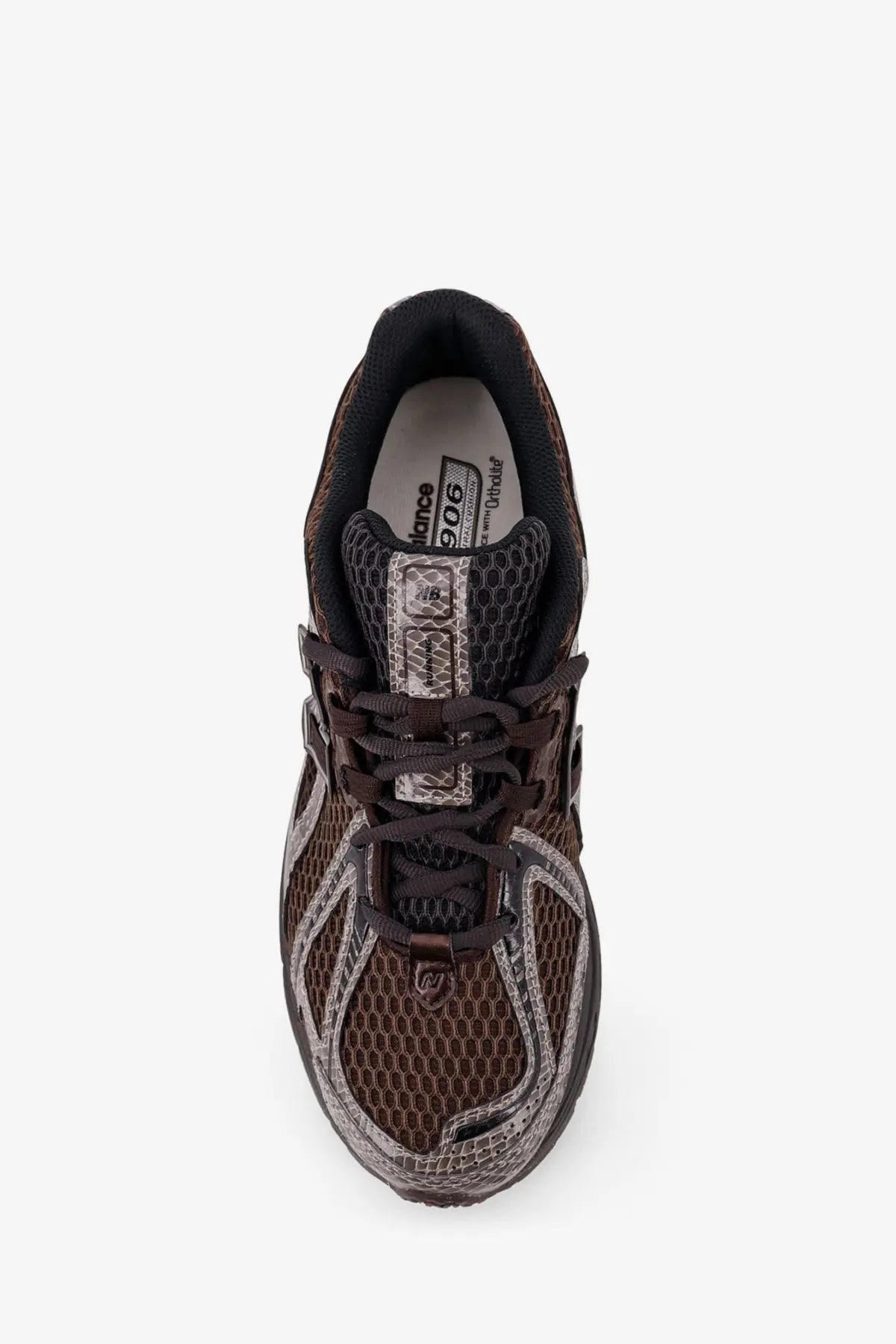New Balance men’s mesh sneakers grey with brown and silver mesh upper black laces and branded tongue detail