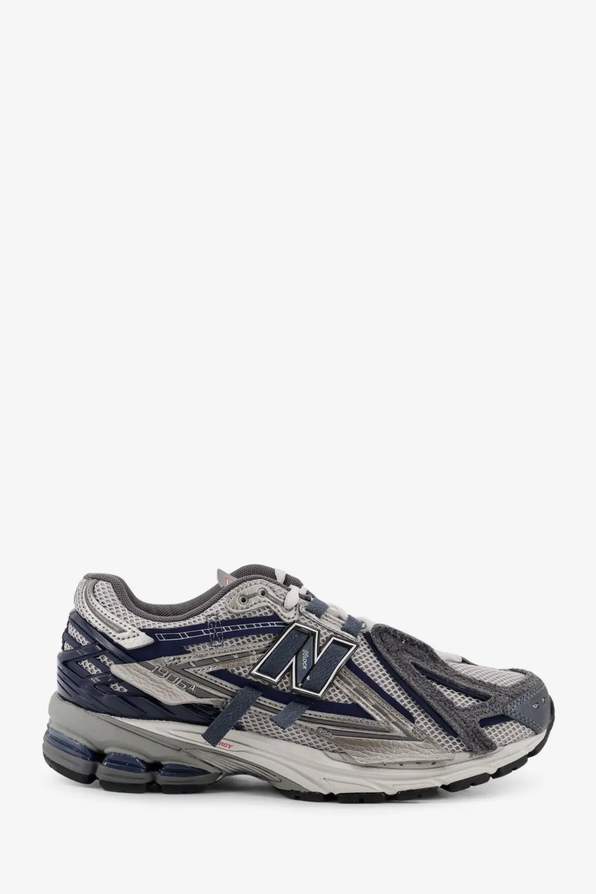 New Balance men’s mesh sneakers grey with gray and navy blue synthetic overlays and cushioned midsole for running