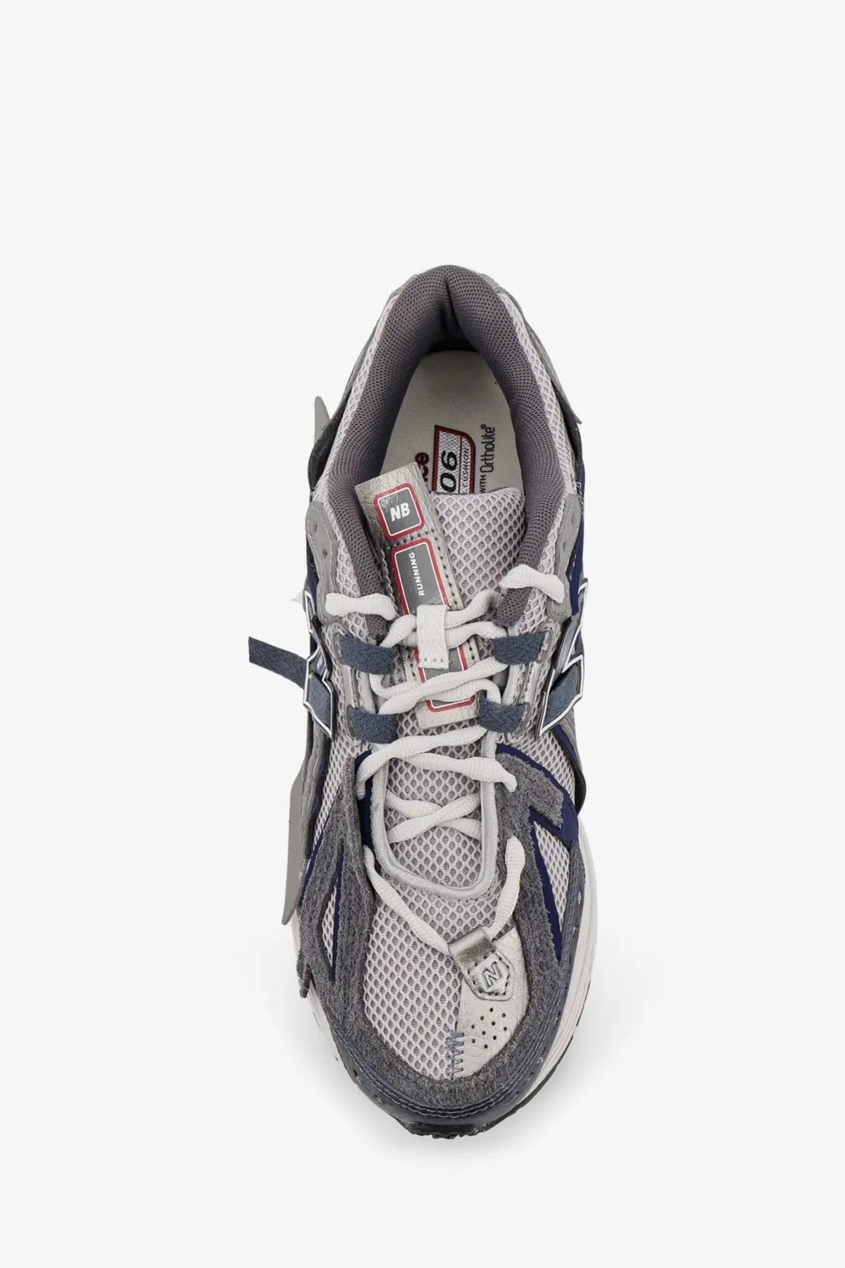 New Balance men’s mesh sneakers grey with gray and navy mesh upper white laces and red label on the tongue