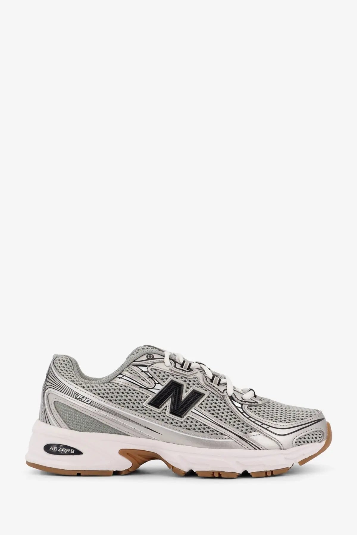 Silver New Balance 840 running shoe with mesh upper and black logo in New Balance men’s mesh sneakers grey product