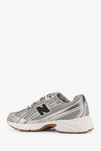 New Balance men’s mesh sneakers grey with silver and black mesh upper white midsole and gum-colored outsole