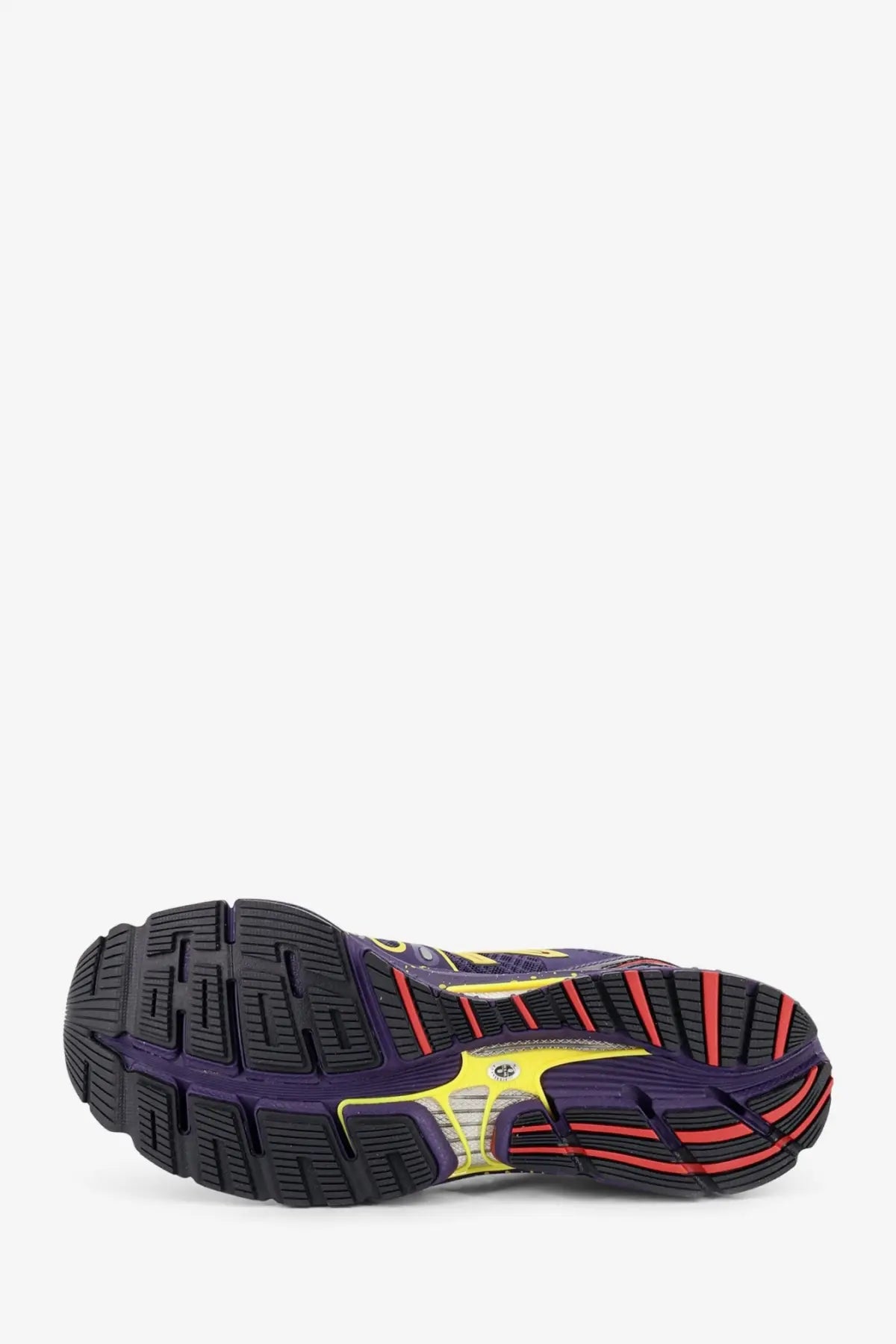 New balance men’s mesh sneakers in purple and yellow with black rubber sole for running and athletic use