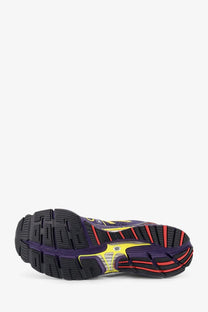 New balance men’s mesh sneakers in purple and yellow with black rubber sole for running and athletic use