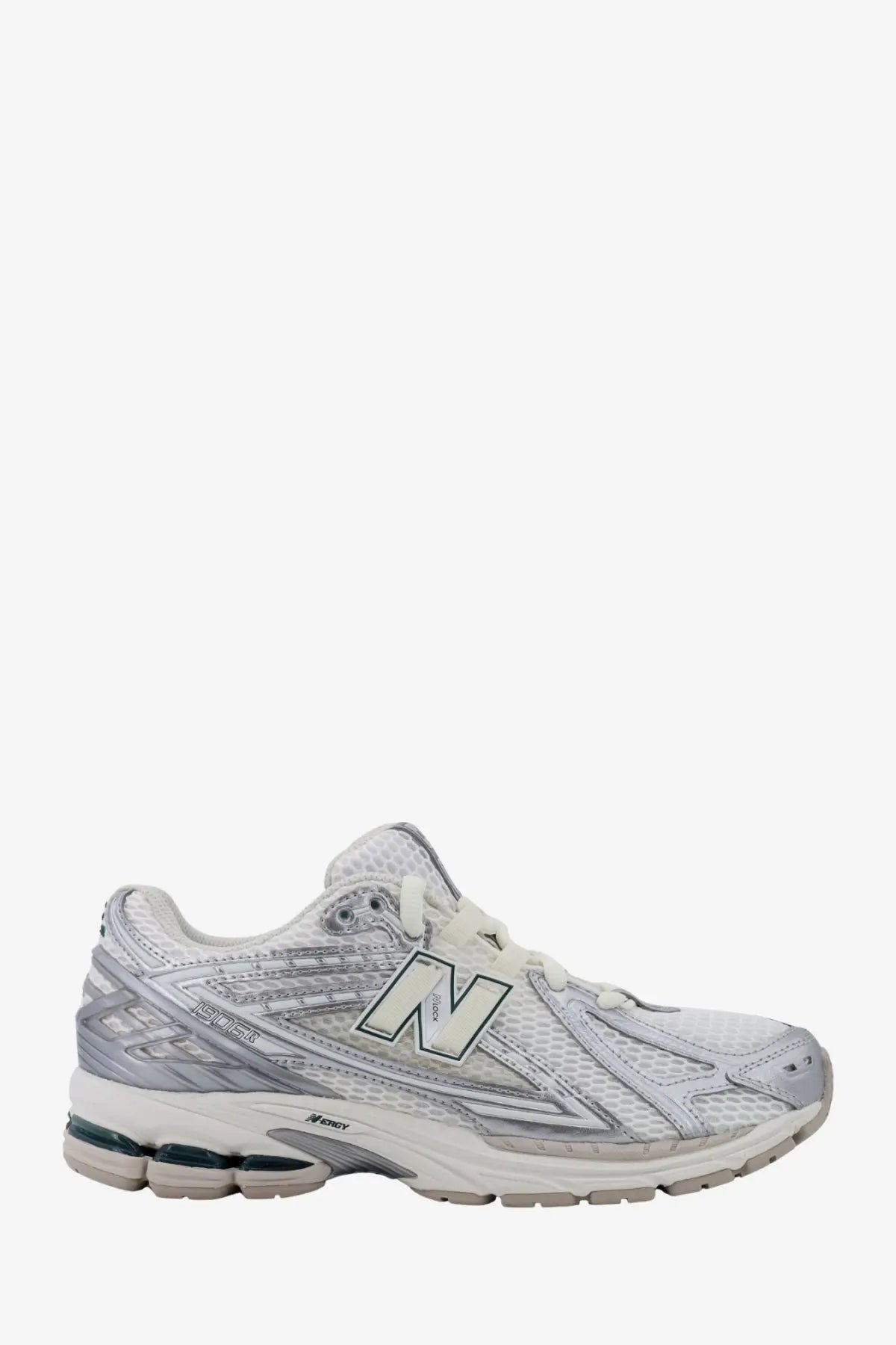 New Balance men’s mesh sneakers silver with white and silver mesh upper and cushioned sole for running