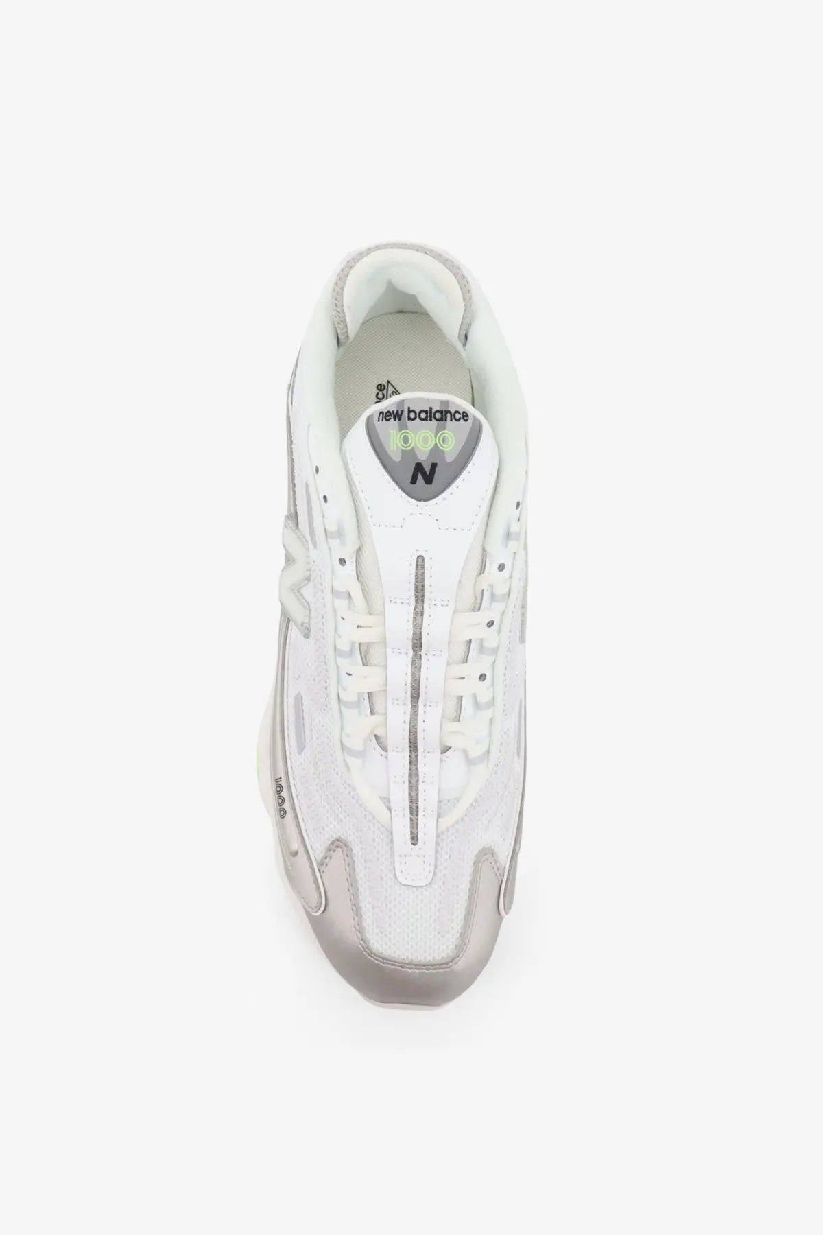 New Balance men’s mesh sneakers white with gray accents featuring a breathable mesh upper and classic design