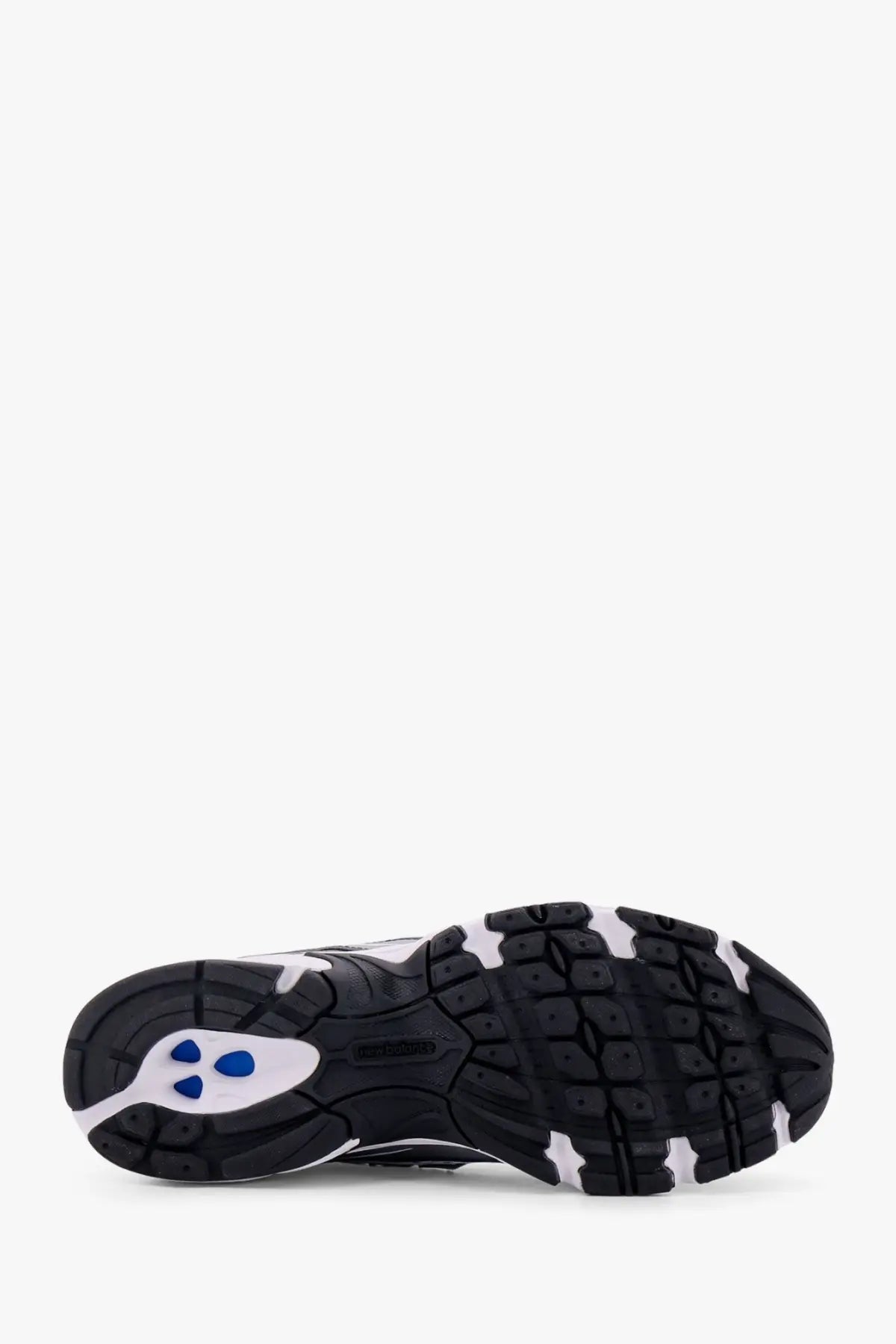 New balance men’s mesh sneakers in black and white with blue accent on the heel shown from the back side