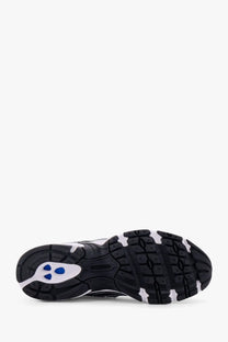 New balance men’s mesh sneakers in black and white with blue accent on the heel shown from the back side