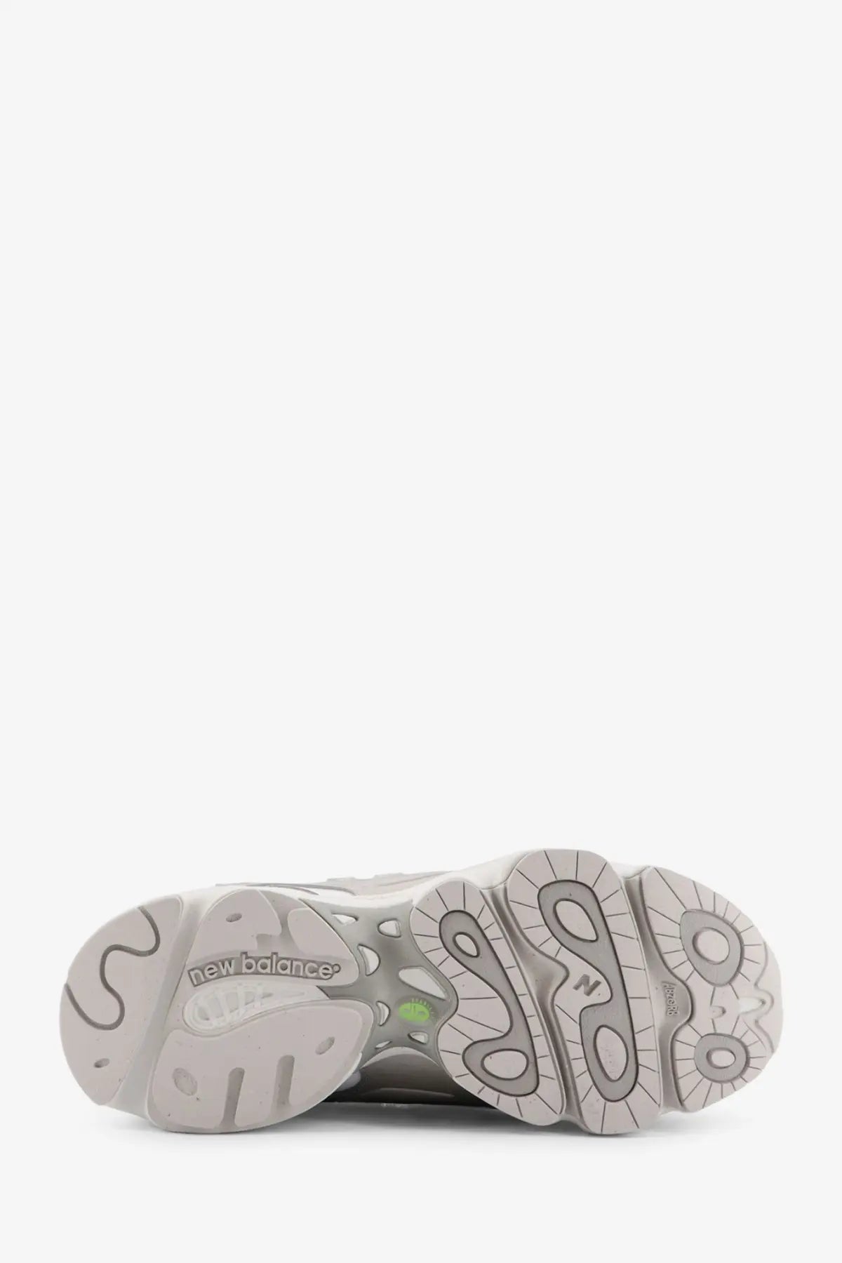 New balance men’s mesh sneakers white featuring gray 9070 sneaker with chunky textured sole and green heel accent