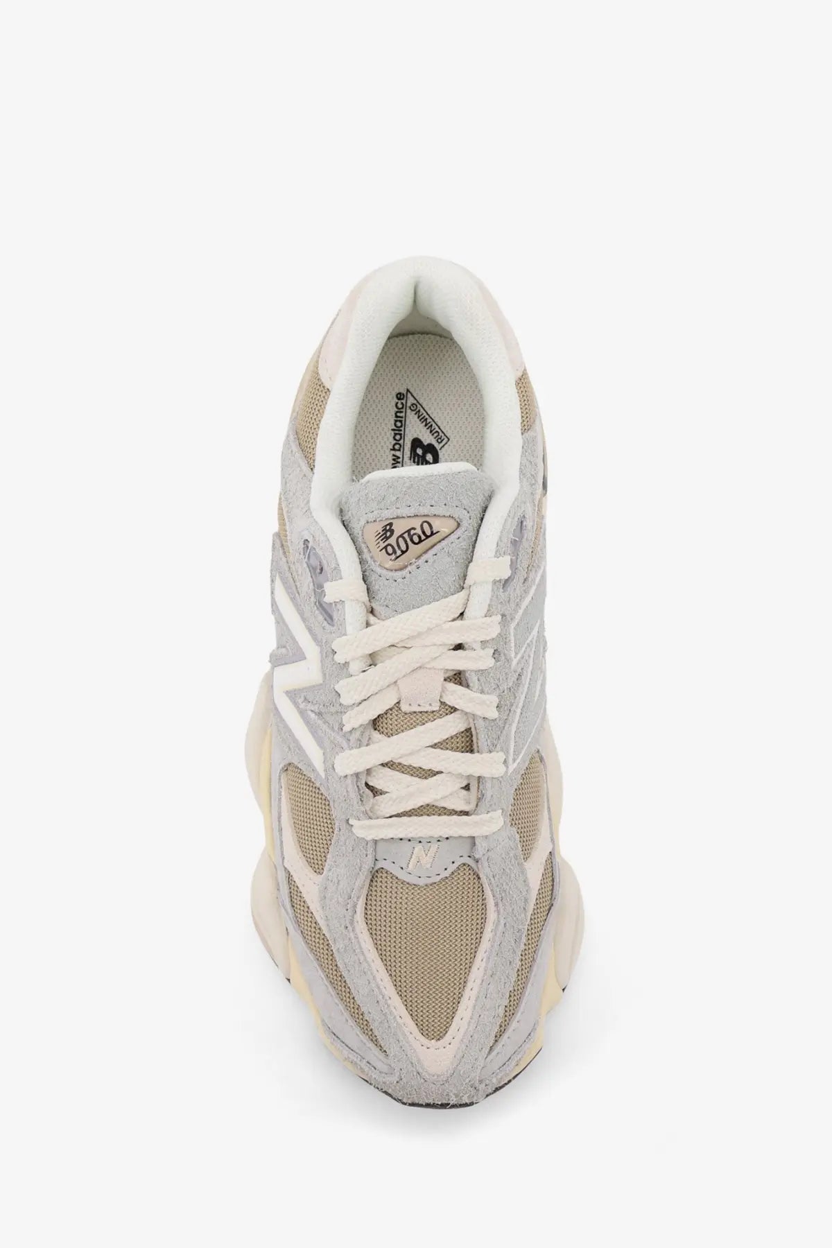 New Balance men’s mesh and suede sneakers in light gray and beige with chunky white midsole and mesh panels