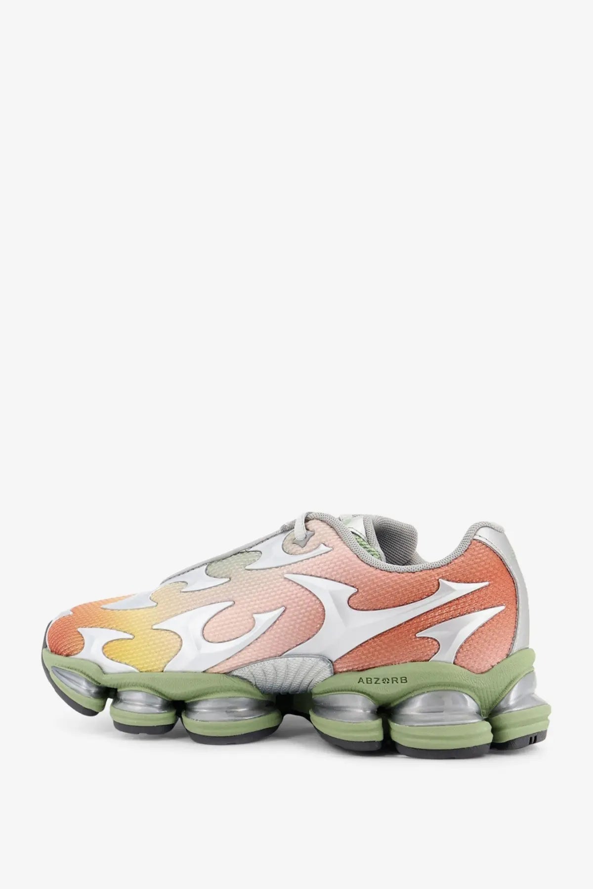 New balance men’s sneakers flame-patterned orange pink mesh with olive green soles and silver metallic details