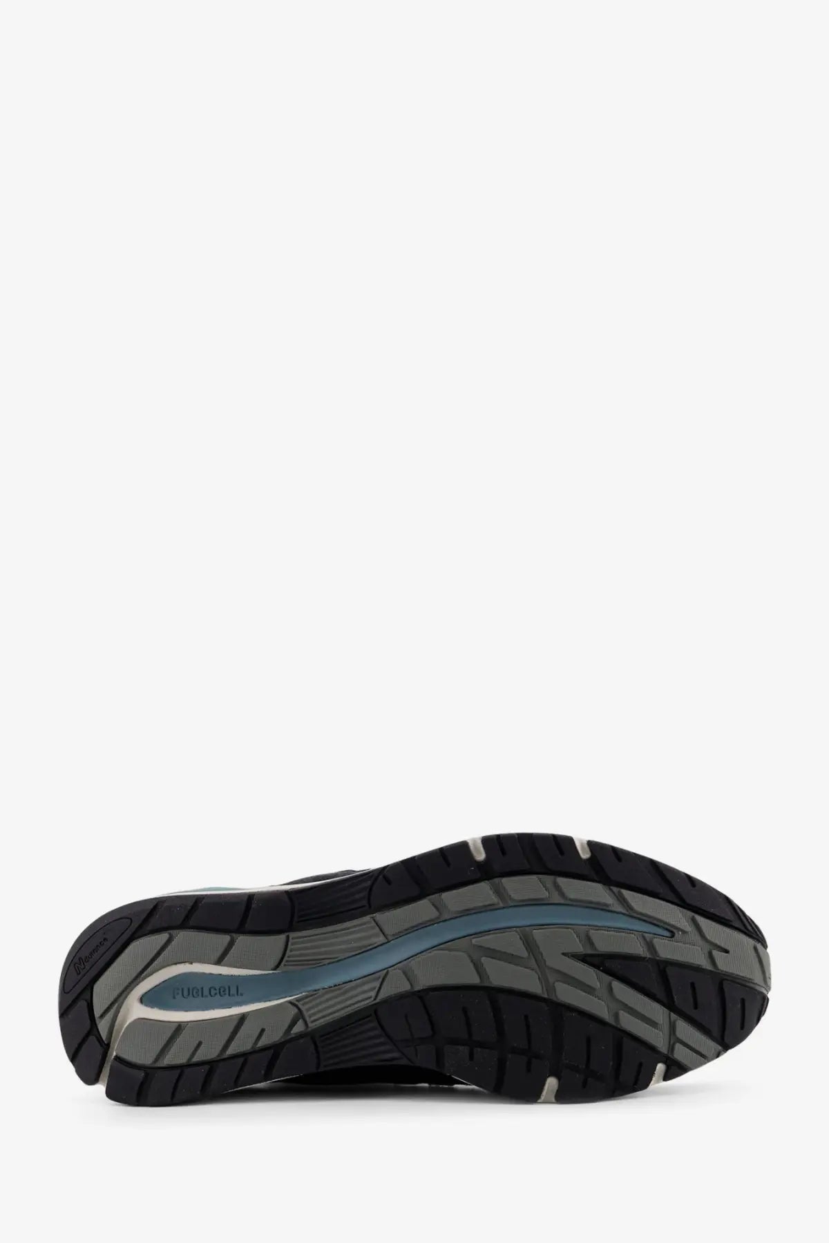 New balance men’s suede low top sneakers in blue featuring a black and gray merrell running shoe with blue accent stripe