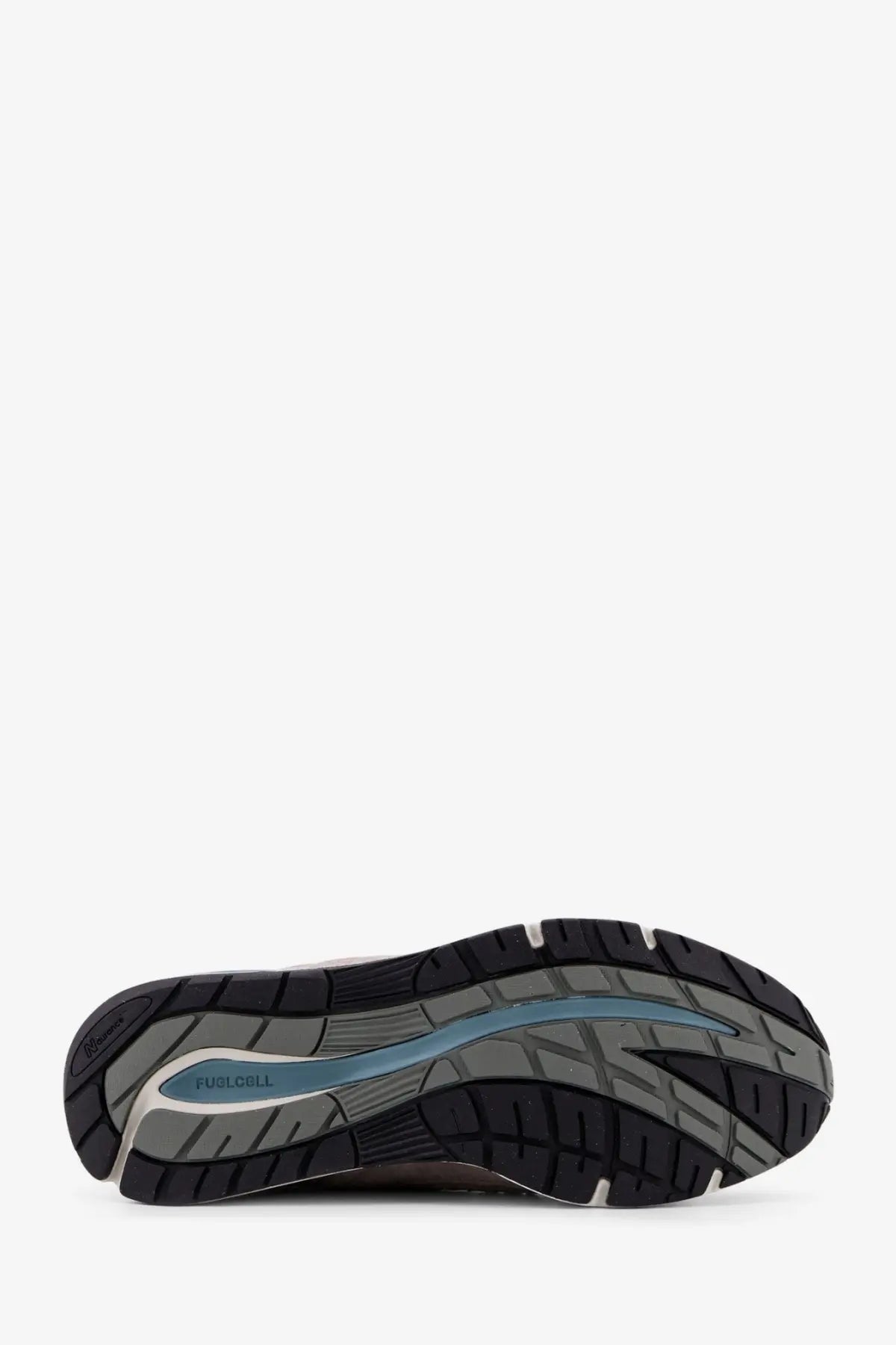 New Balance men’s suede and mesh running sneakers grey with black and gray rubber sole and blue fusioncell midsole stripe