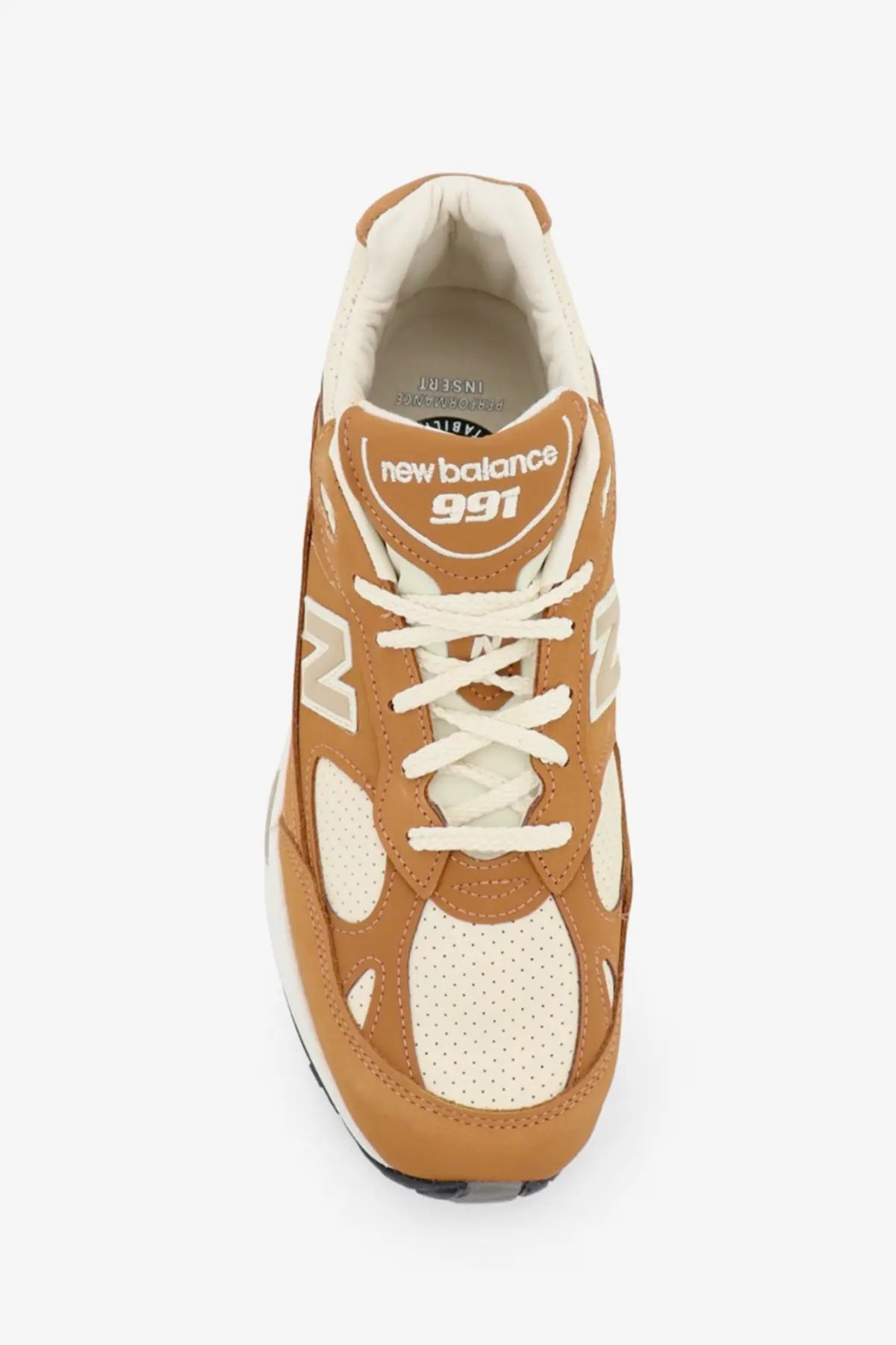 New Balance men’s tier leather sneakers beige with tan and cream perforated leather panels and white laces