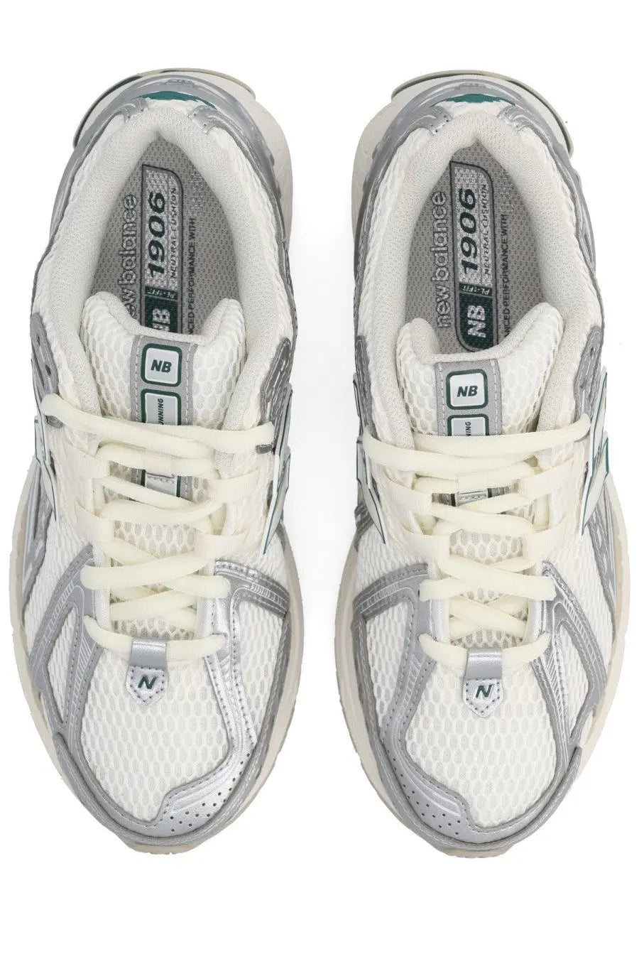 New balance unisex sneaker 1906r silver in white and silver with mesh uppers and metallic accents for running